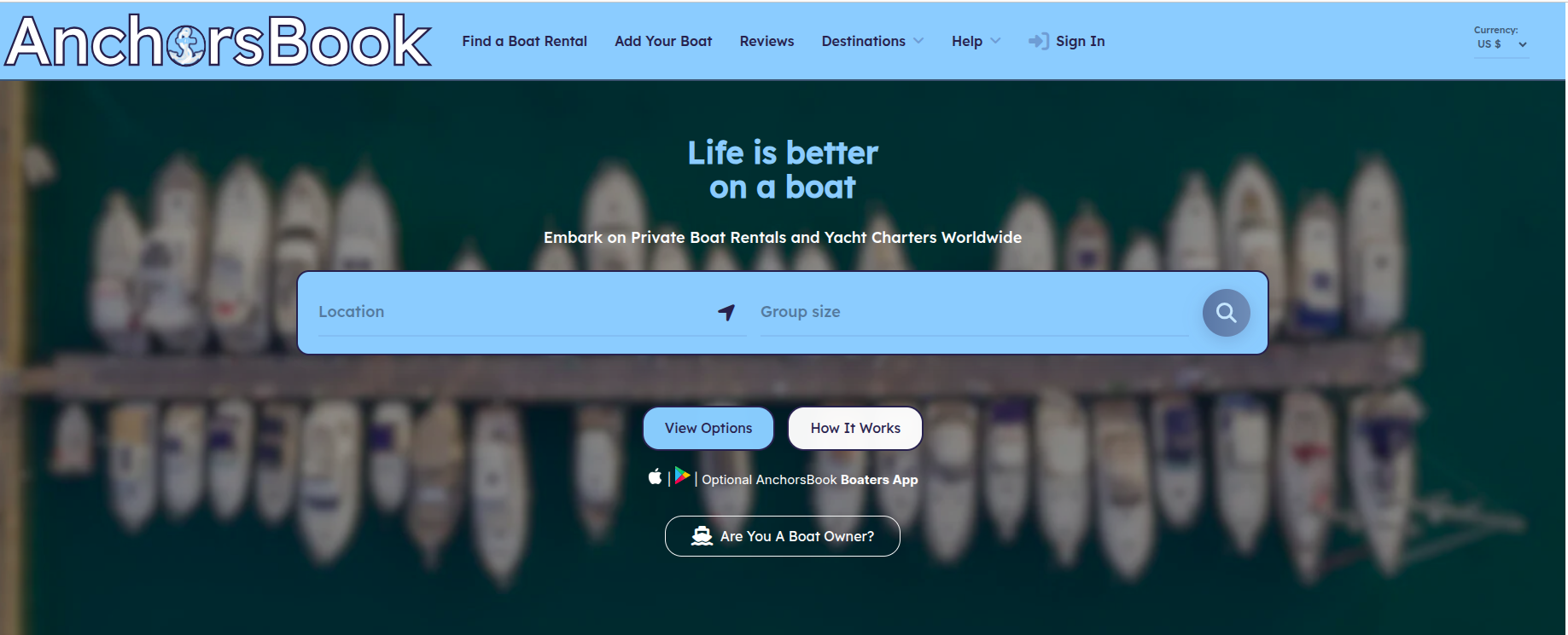AnchorsBook homepage with boat rental search and currency selector