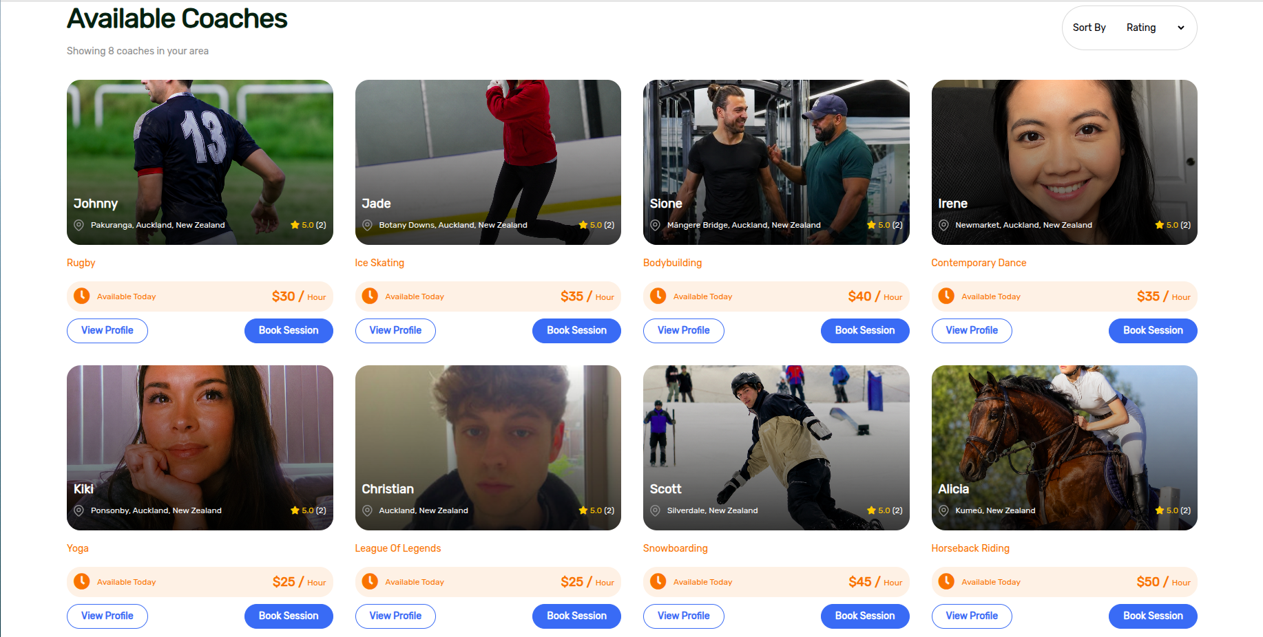 Available coaches grid on Find Me a Coach