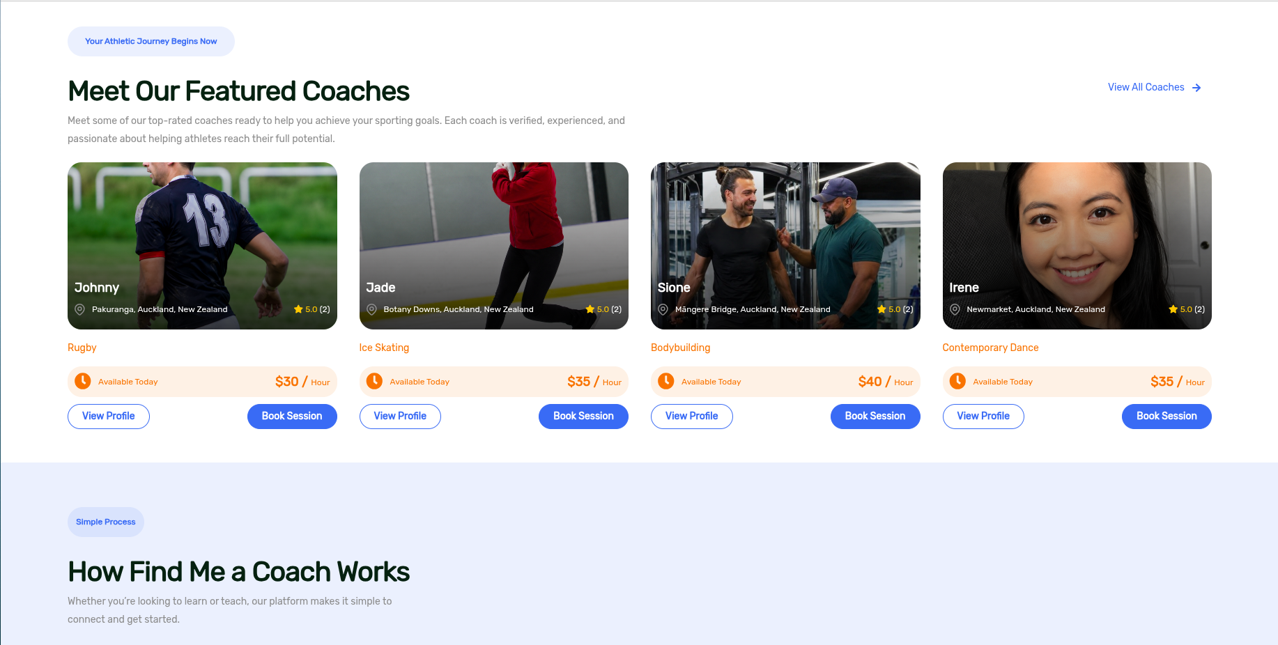 Featured coaches on the Find Me a Coach homepage
