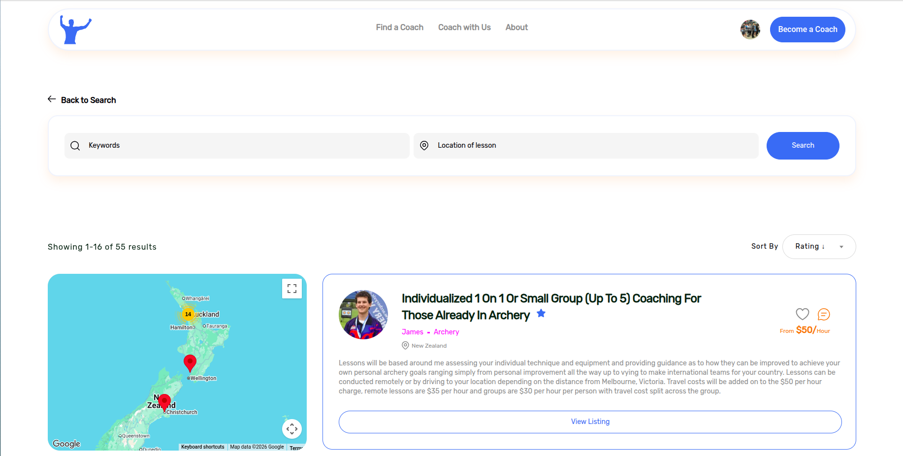 Find Me a Coach search results with map and listing cards