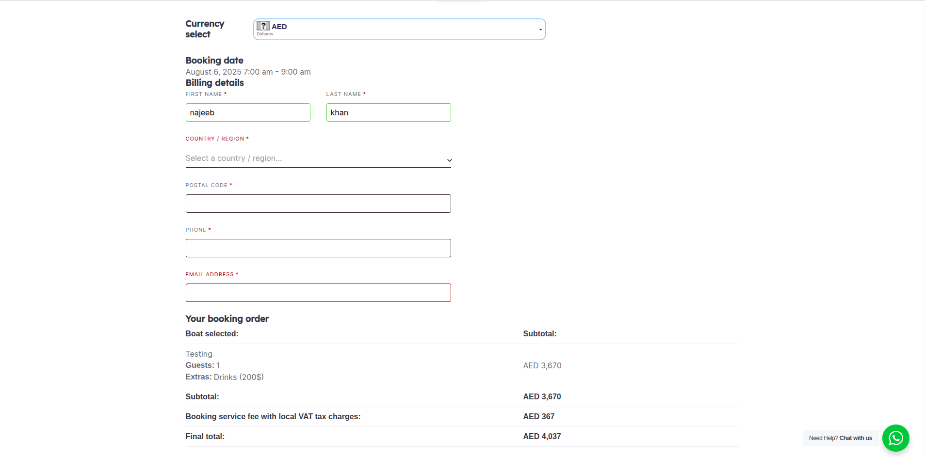 AnchorsBook booking order summary shown in AED