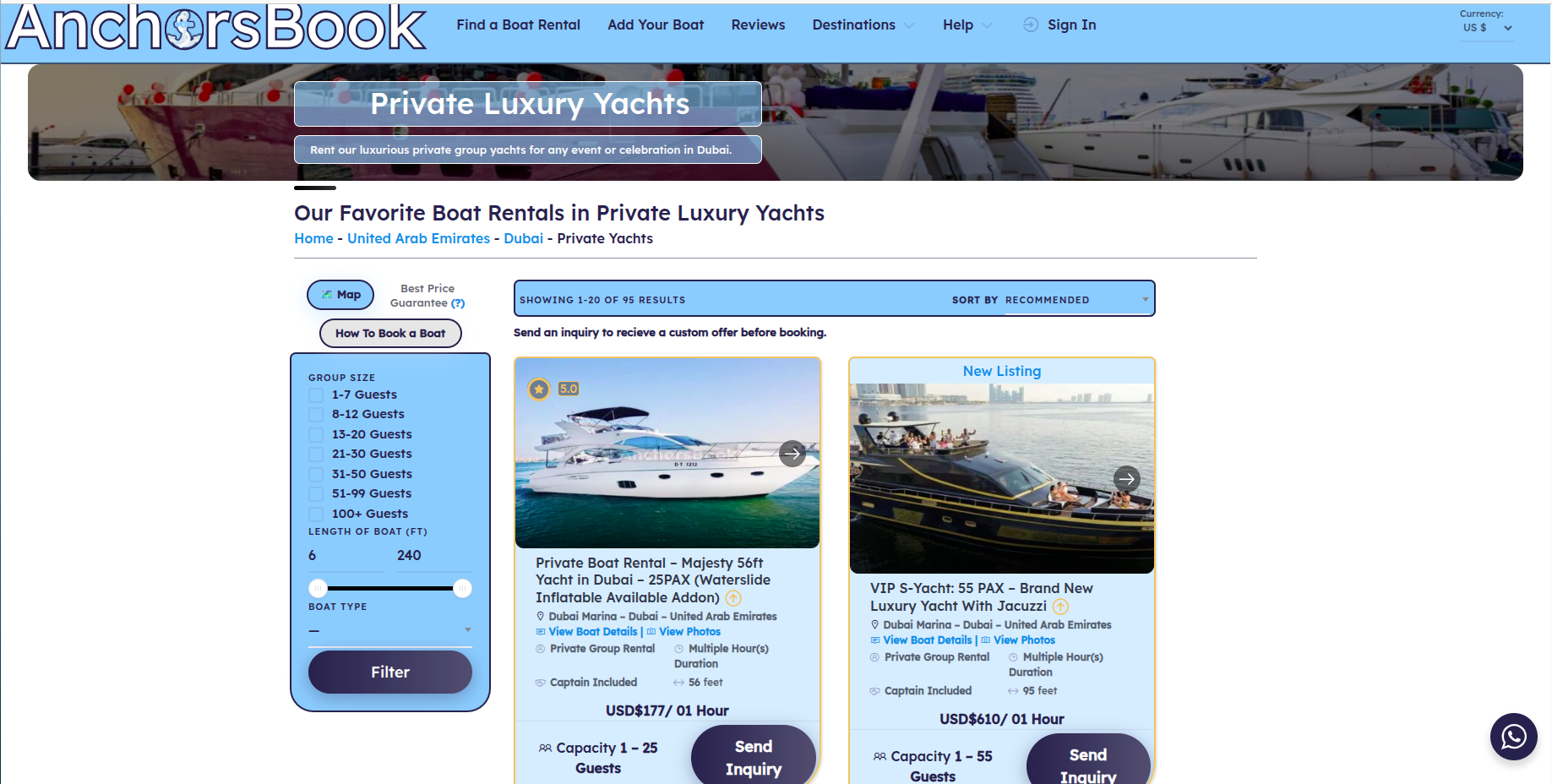AnchorsBook directory listings for private luxury yachts in Dubai